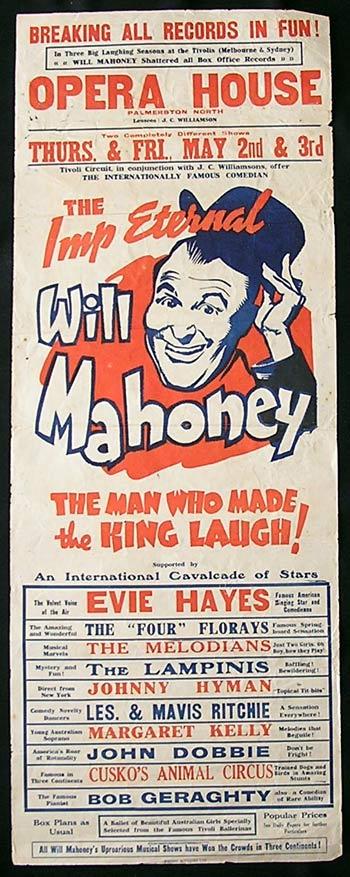WILL MAHONEY and EVIE HAYES Long Daybill Movie poster 1940 Rare Vaudeville Australian TIVOLI THEATRE