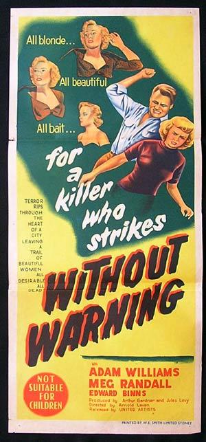 WITHOUT WARNING 1952 Adam Wiliams FILM NOIR Daybill Movie Poster