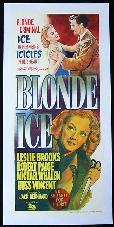 BLONDE ICE Movie Poster 1948 Bad Girl Crime Film Noir RARE daybill