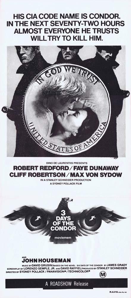 3 DAYS OF THE CONDOR Daybill Movie Poster Robert Redford B