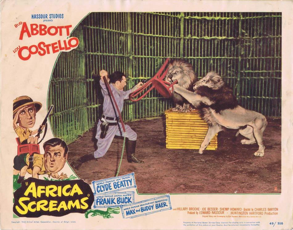 AFRICA SCREAMS Lobby card 2 Abbott and Costello 1949 Clyde Beatty Lion Tamer