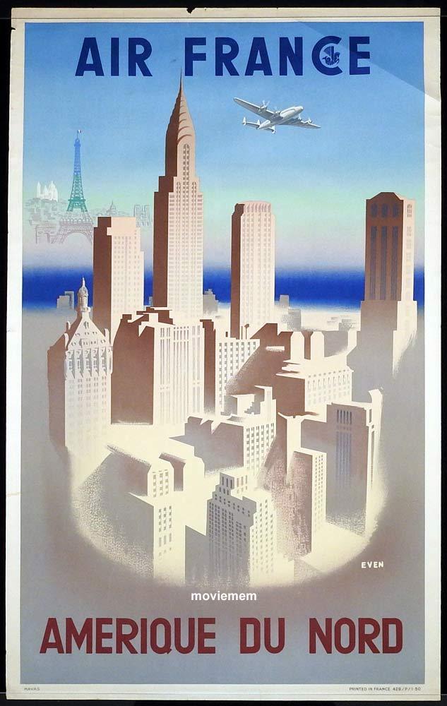 AIR FRANCE 1950 Airline Travel poster AMERIQUE DU NORD Jean Even