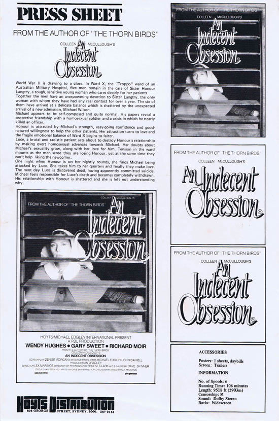 AN INDECENT OBSESSION Rare AUSTRALIAN Movie Press Sheet