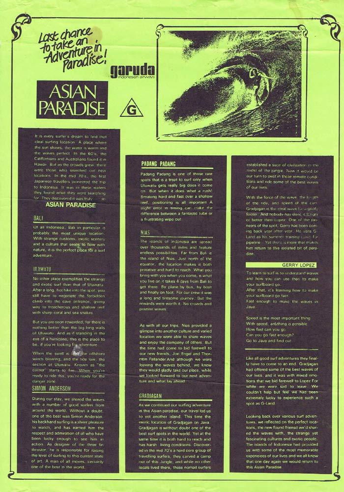 ASIAN PARADISE 1992 Rare ORIGINAL Surfing Movie Press sheet