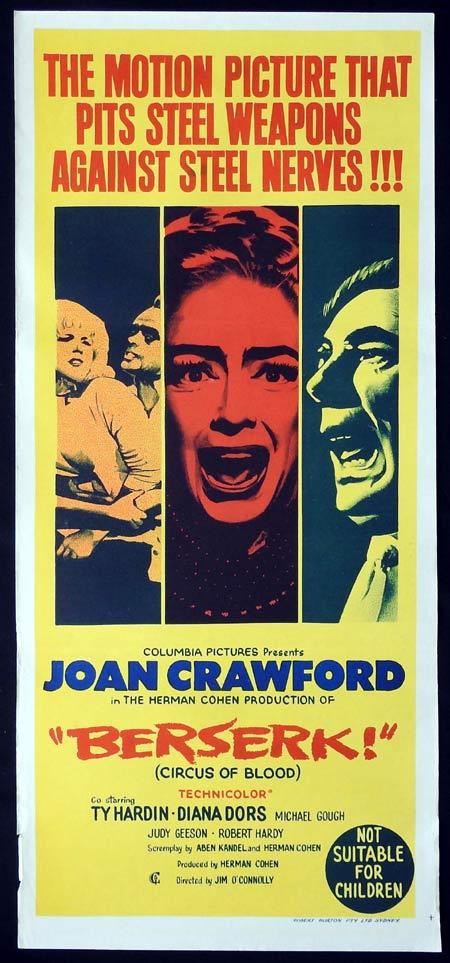 BERSERK CIRCUS OF BLOOD Original Daybill Movie Poster Joan Crawford Diana Dors Horror
