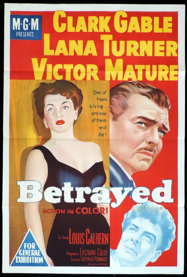 BETRAYED Original One sheet Movie Poster Clark Gable Victor Mature Lana Turner