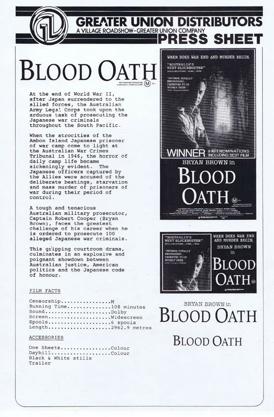BLOOD OATH Rare AUSTRALIAN Movie Press Sheet