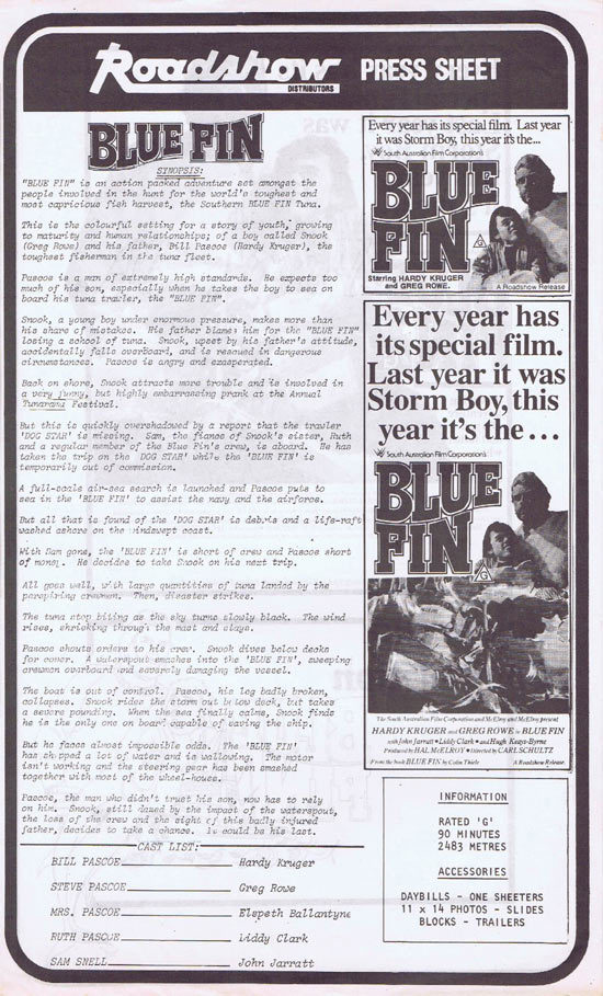 BLUE FIN Rare AUSTRALIAN Movie Press Sheet
