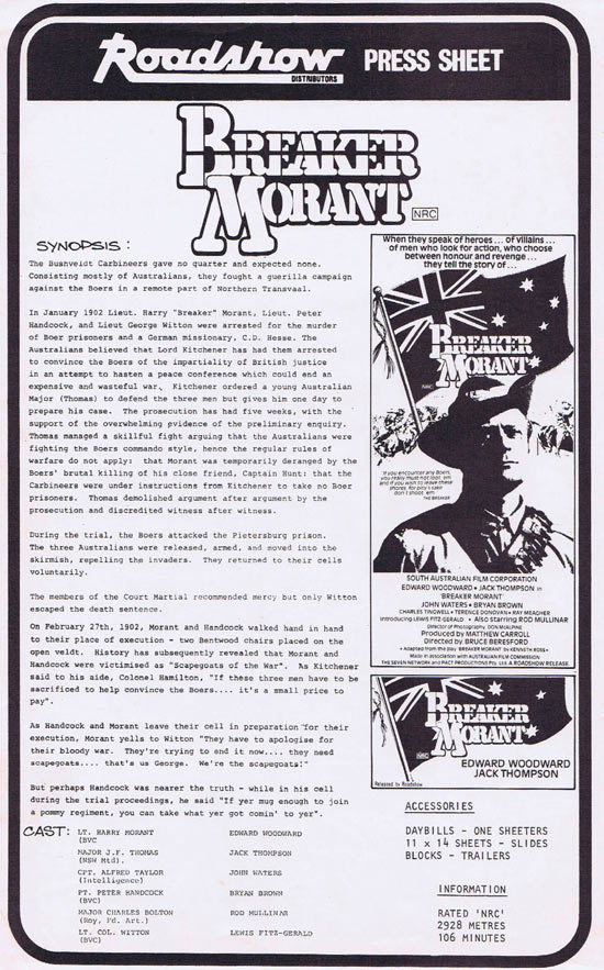 BREAKER MORANT Rare AUSTRALIAN Movie Press Sheet
