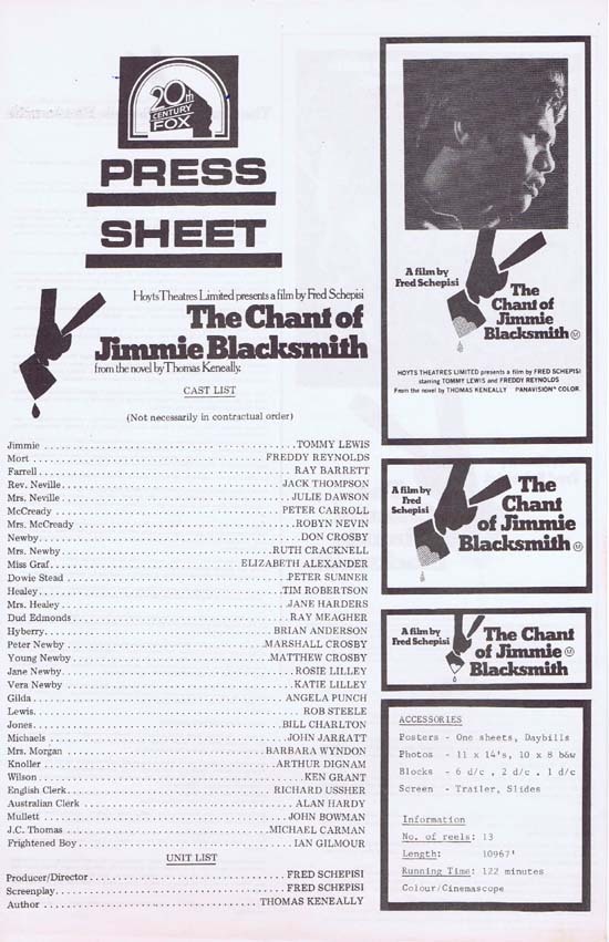 CHANT OF JIMMIE BLACKSMITH Press Sheet 1978 Fred Schepisi ABORIGINAL Country of Origin