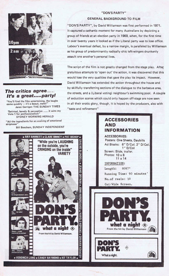 DON’S PARTY Rare AUSTRALIAN Movie Press Sheet