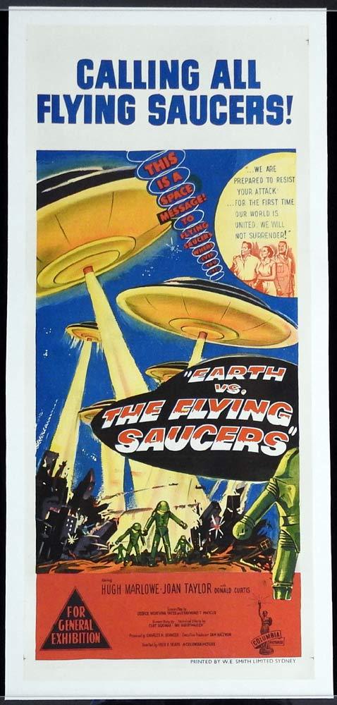 EARTH VS THE FLYING SAUCERS Original LINEN BACKED Daybill Movie Poster Sci Fi Classic