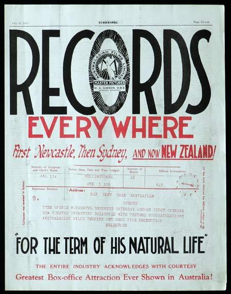 FOR THE TERM OF HIS NATURAL LIFE 1927 Australian Cinema VERY RARE Trade Advert
