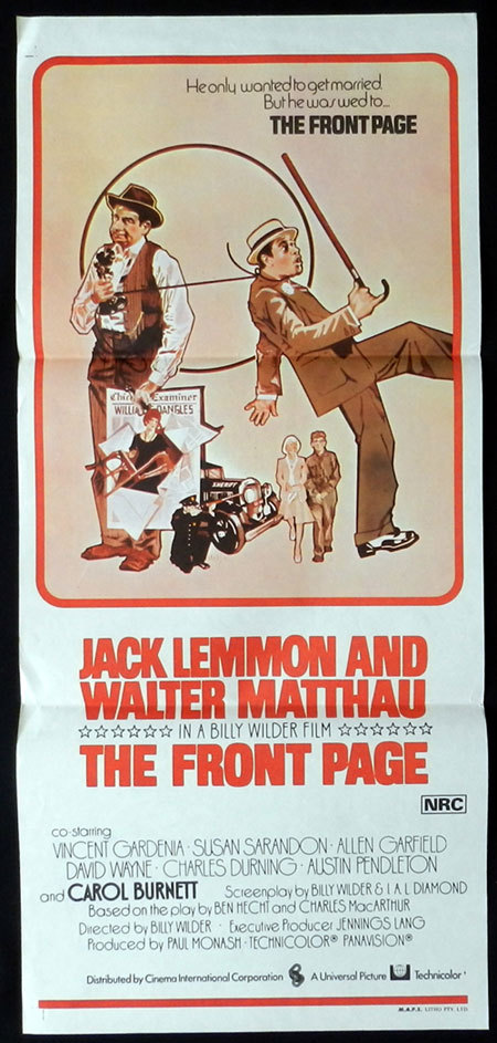 THE FRONT PAGE Original Daybill Movie poster Walter Matthau Jack Lemmon Billy Wilder