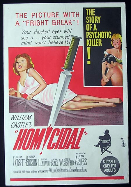 HOMICIDAL Original One sheet Movie poster William Castle horror