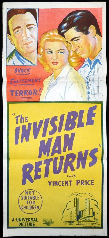 THE INVISIBLE MAN RETURNS Original 1950s stock Daybill Movie Poster Sir Cedric Hardwicke Vincent Price Nan Grey