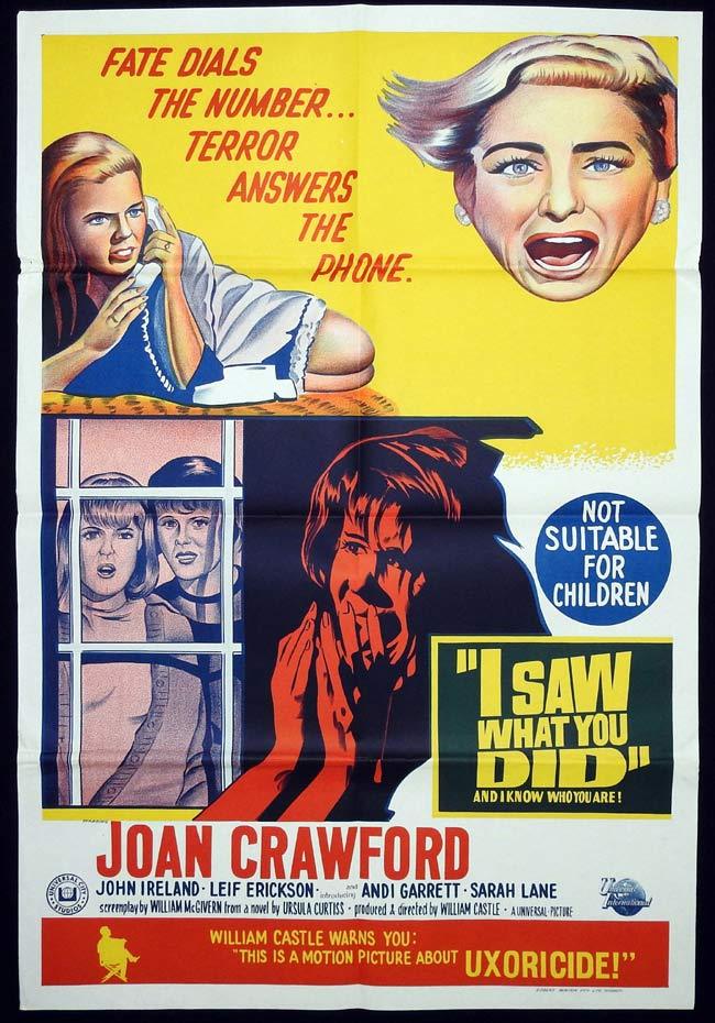 I SAW WHAT YOU DID Original One sheet Movie poster WILLIAM CASTLE Joan Crawford John Ireland