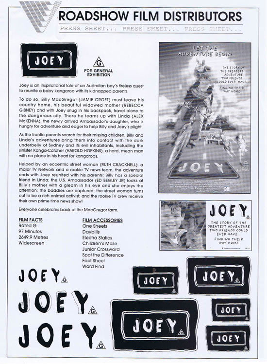 JOEY Rare AUSTRALIAN Movie Press Sheet