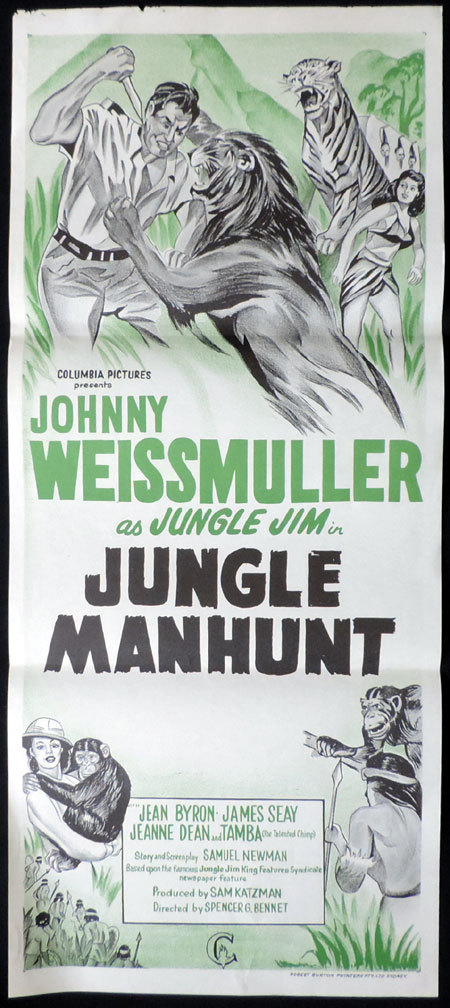 JUNGLE MANHUNT Daybill Movie Poster Johnny Weissmuller Jungle Jim 60sr