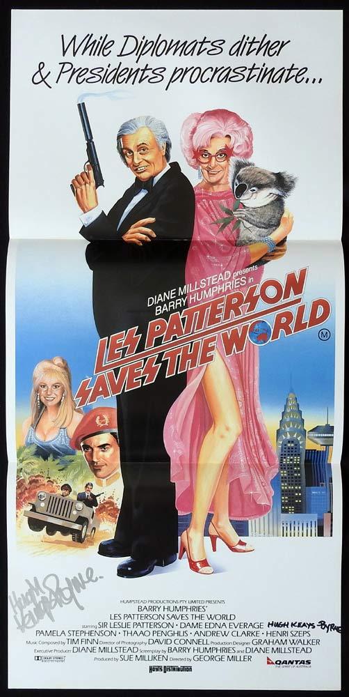 LES PATTERSON SAVES THE WORLD Original Daybill Movie poster AUTOGRAPH by HUGH KEAYS BYRNE