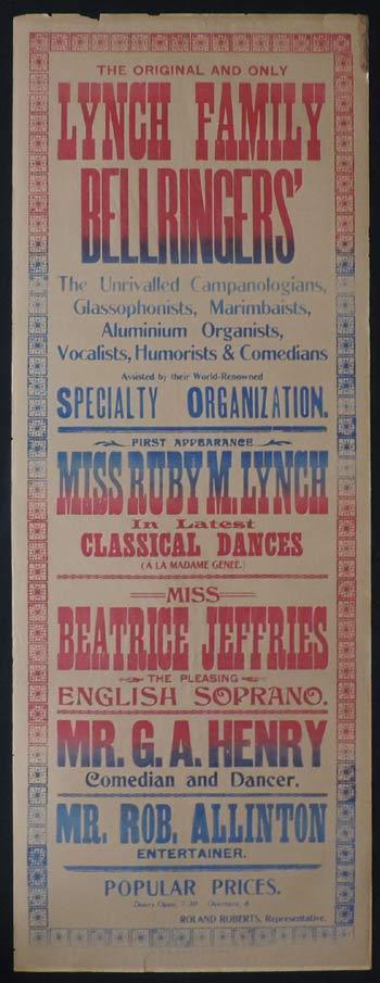 LYNCH FAMILY BELLRINGERS AND GLASSOPHONISTS c1914 Rare Original Theatre poster “B”