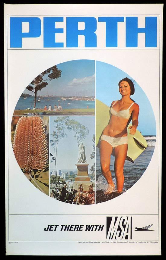 MALAYSIA SINGAPORE AIRLINES MSA PERTH Vintage Travel Poster c.1960s