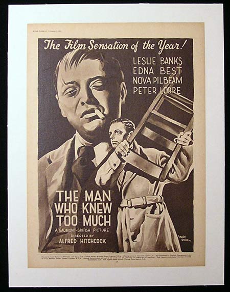 MAN WHO KNEW TOO MUCH ’34-Hitchcock LINEN BACKED Trade Ad