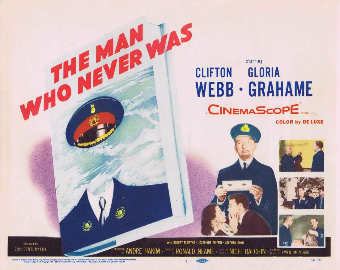 THE MAN WHO NEVER WAS Title Lobby Card Clifton Webb Gloria Grahame Robert Flemyng