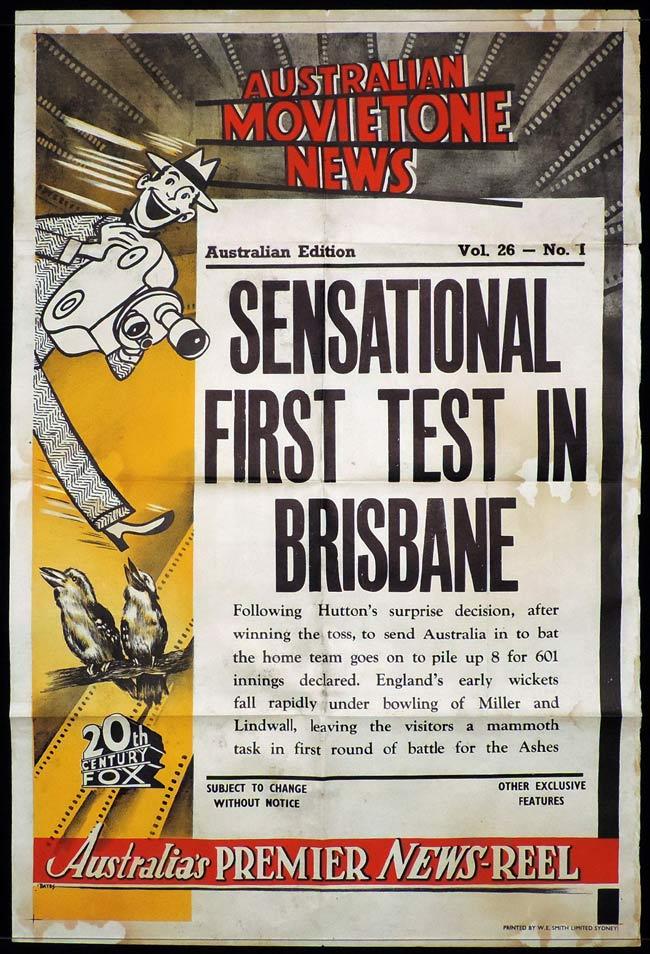 MOVIETONE NEWS One Sheet Movie Poster 1954 Vol 26 No 11 Ashes Cricket Test Oz Bates