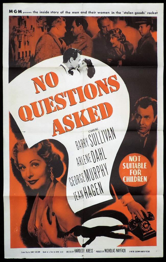 NO QUESTIONS ASKED Original One sheet Movie Poster Barry Sullivan FILM NOIR Arlene Dahl