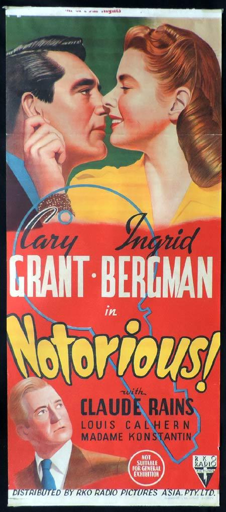 NOTORIOUS Original Daybill Movie Poster Cary Grant Ingrid Bergman Alfred Hitchcock