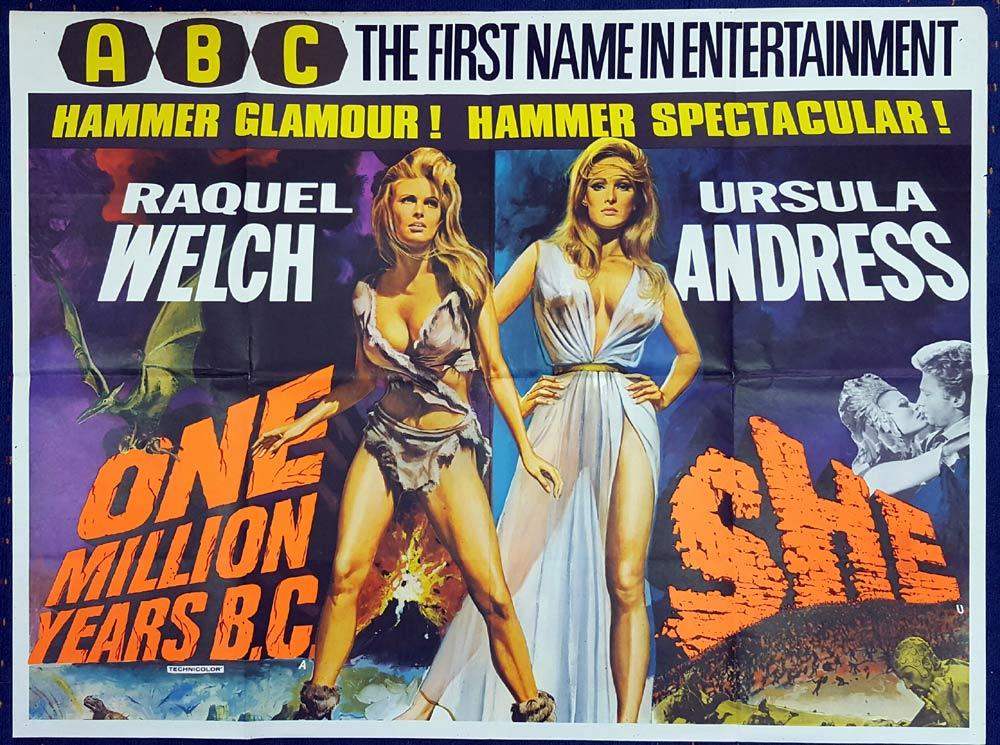 ONE MILLION YEARS BC and SHE British Quad Movie poster HAMMER Double Bill