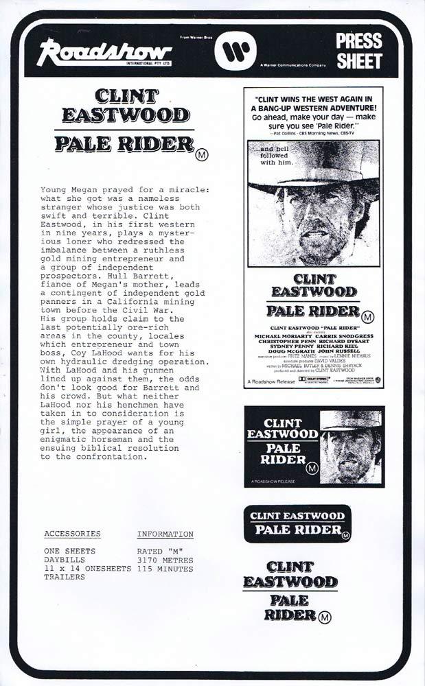 PALE RIDER Rare AUSTRALIAN Movie Press Sheet Clint Eastwood