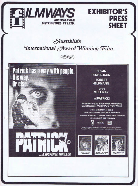 PATRICK Rare AUSTRALIAN Movie Press Sheet