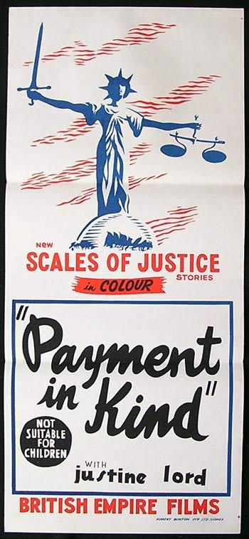 PAYMENT IN KIND Daybill Movie poster Edgar Lustgarten Justine Lord SCALES OF JUSTICE