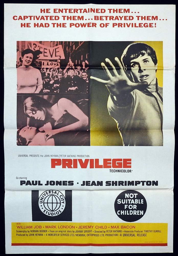 PRIVILEGE Original One sheet Movie poster Jean Shrimpton Paul Jones