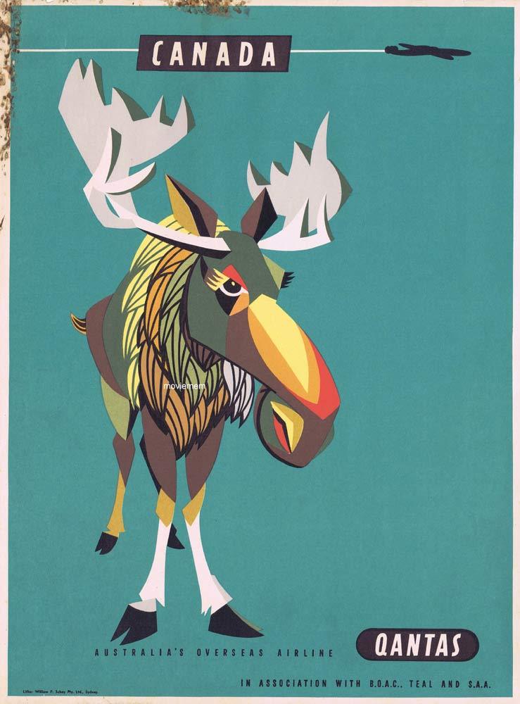QANTAS AIRWAYS 1950s Airline Travel poster Canada Moose