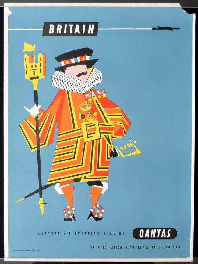 QANTAS Vintage Travel Poster BRITAIN 1950s Harry Rogers art B