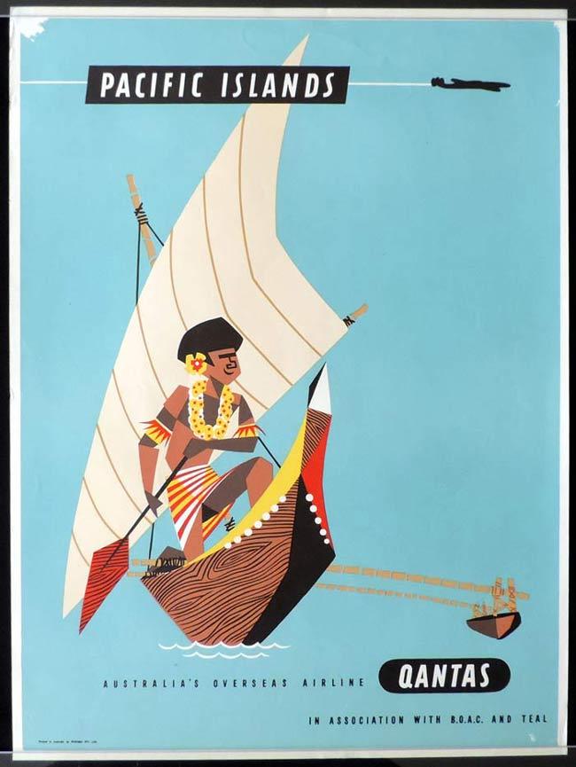 QANTAS Vintage Travel Poster PACIFIC ISLANDS 1950s Harry Rogers art B