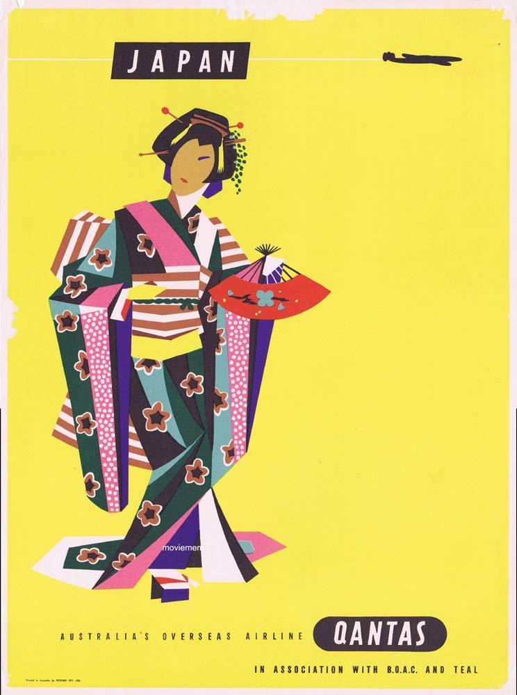 QANTAS AIRWAYS Vintage Poster JAPAN Harry Rogers art Geisha