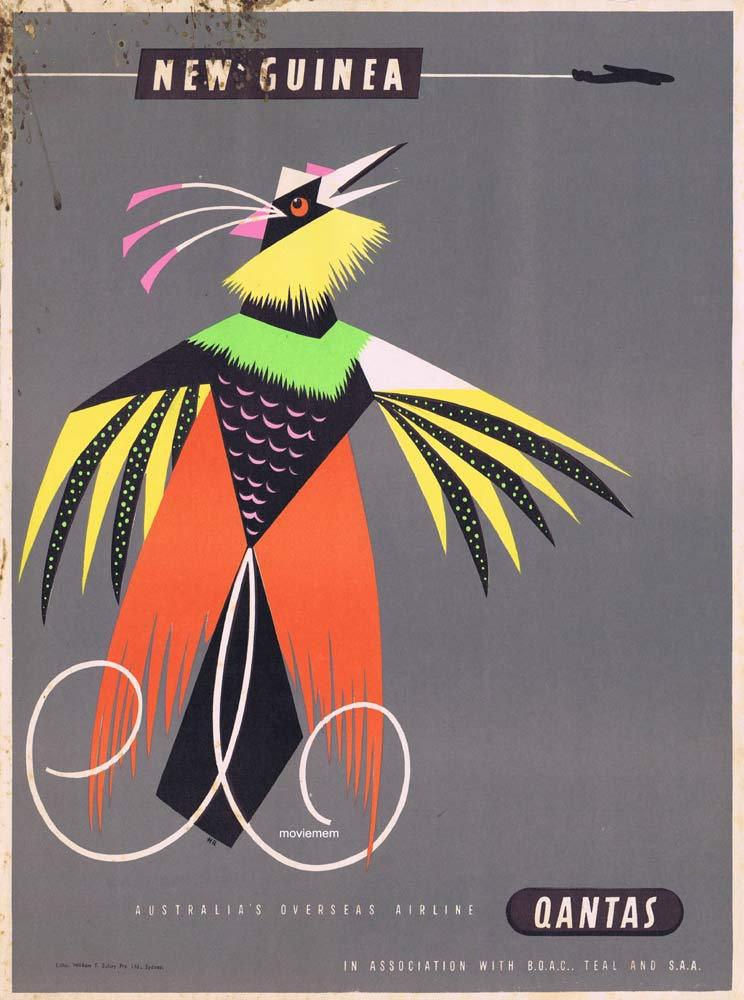 QANTAS Vintage Travel Poster NEW GUINEA 1950s Harry Rogers art