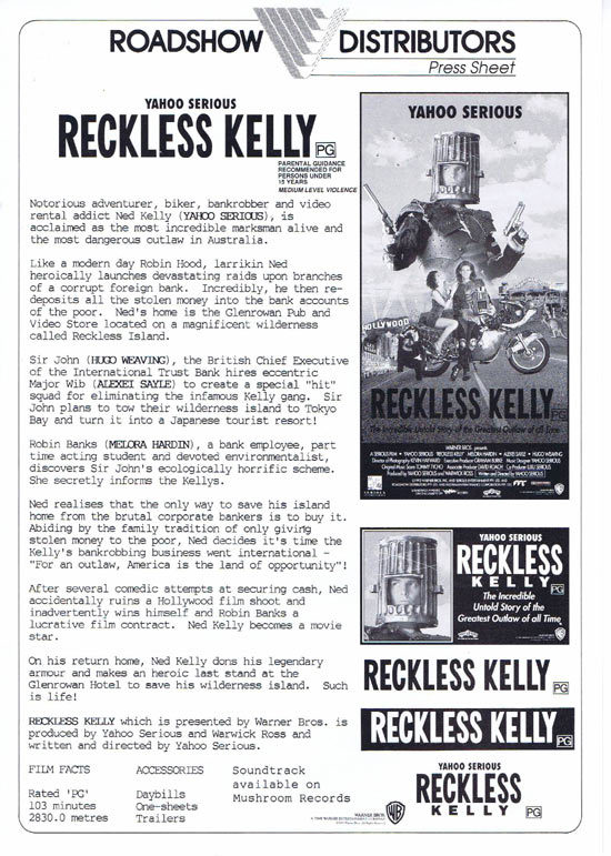 RECKLESS KELLY Rare AUSTRALIAN Movie Press Sheet Yahoo Serious