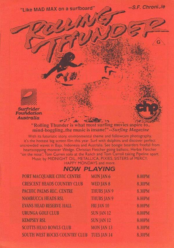 ROLLING THUNDER Surfing Movie Flyer 1991 Scott Dittrich Red