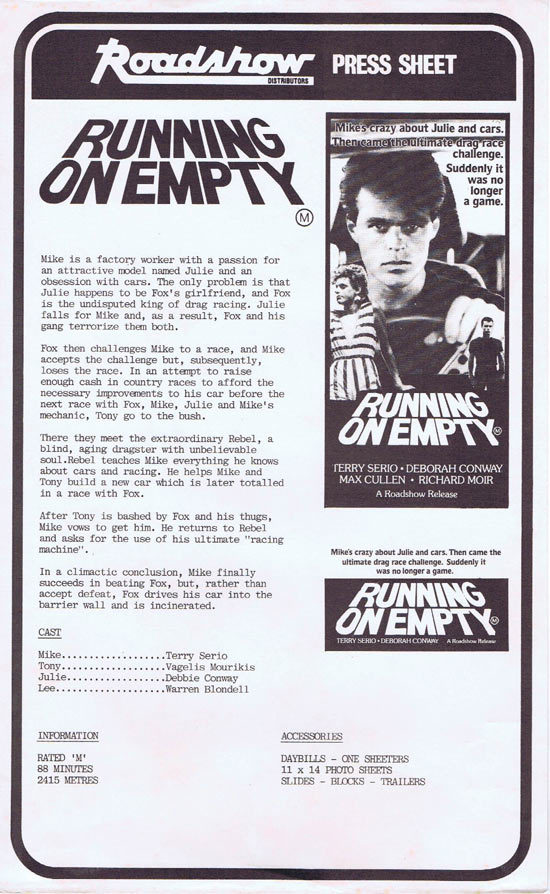 RUNNING ON EMPTY Rare AUSTRALIAN Movie Press Sheet