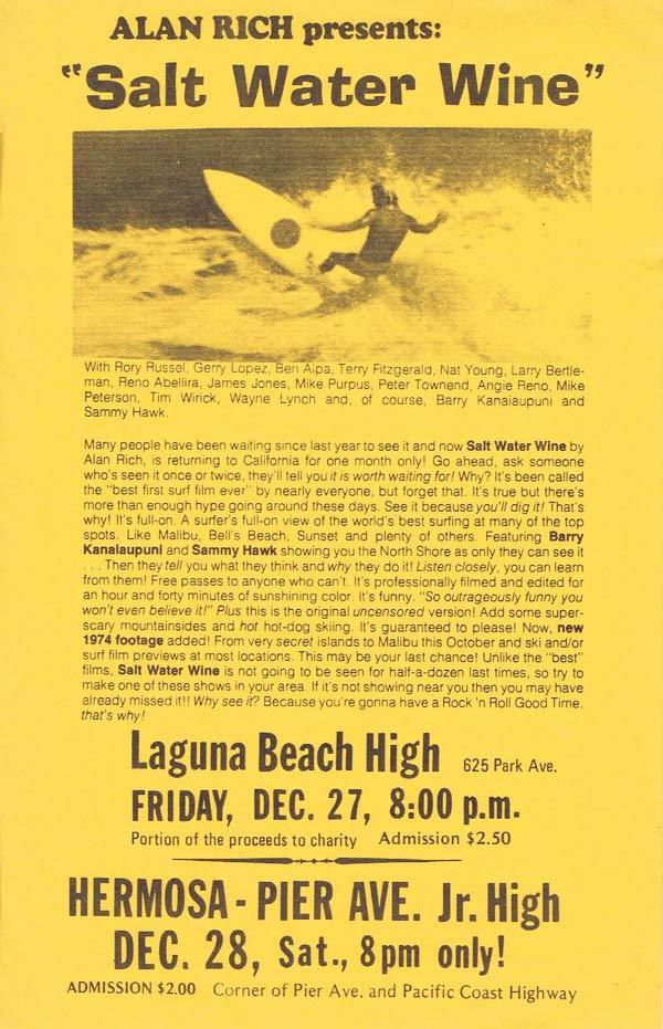 SALT WATER WINE Rare Surfing Movie Flyer Alan Rich