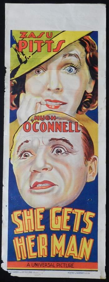 SHE GET’S HER MAN  Movie Poster 1935 Zazu Pitts RARE Long daybill