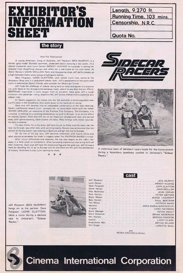 SIDECAR RACERS Movie Press Sheet Wendy Hughes Bathurst