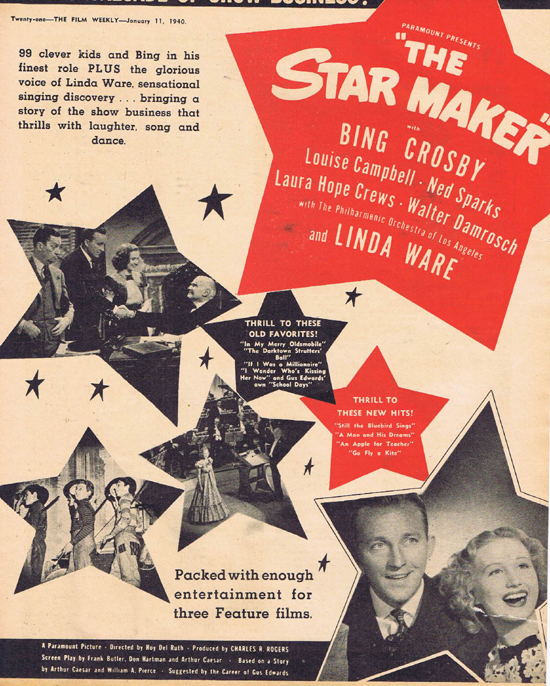THE STARMAKER 1940 Bing Crosby Movie Trade Ad