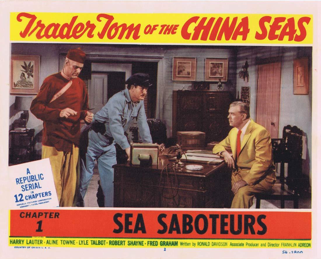 TRADER TOM OF THE CHINA SEAS Original Lobby Card 2 Republic Serial Chapt 1 Harry Lauter Aline Towne