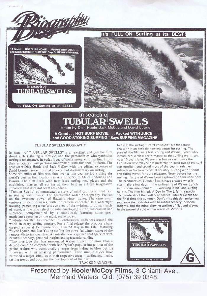 TUBULAR SWELLS Movie Press sheet Surfing Film Dick Hoole Jack McCoy “D”